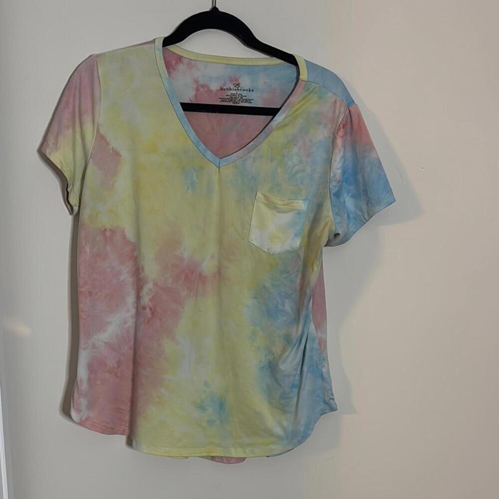 💕Bobbie Brooks Pink Yellow Blue Relaxed Short Sleeve Tie Dye Tee Shirt Stretch